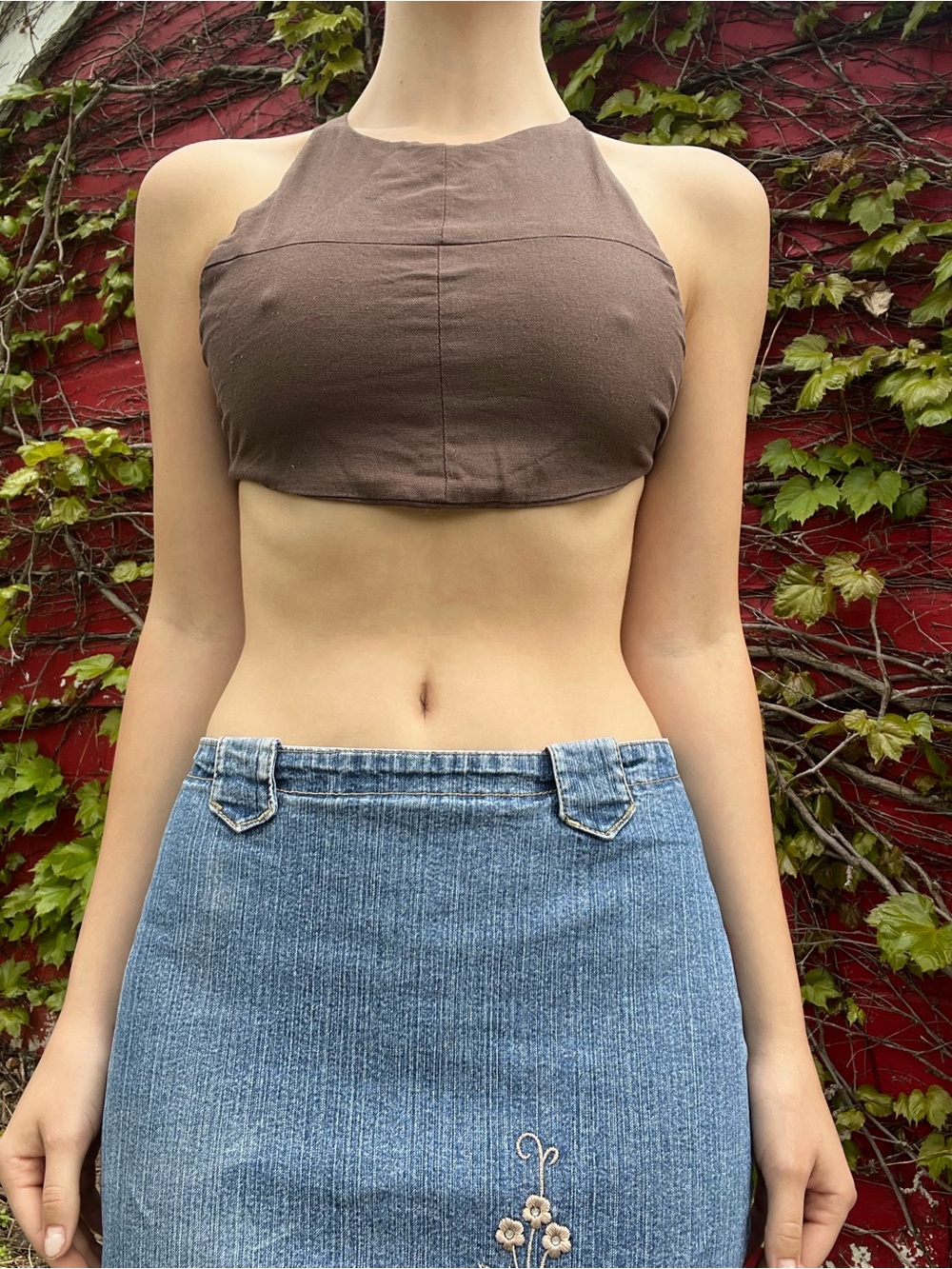 Nina Brown Cropped Halter Tank Top